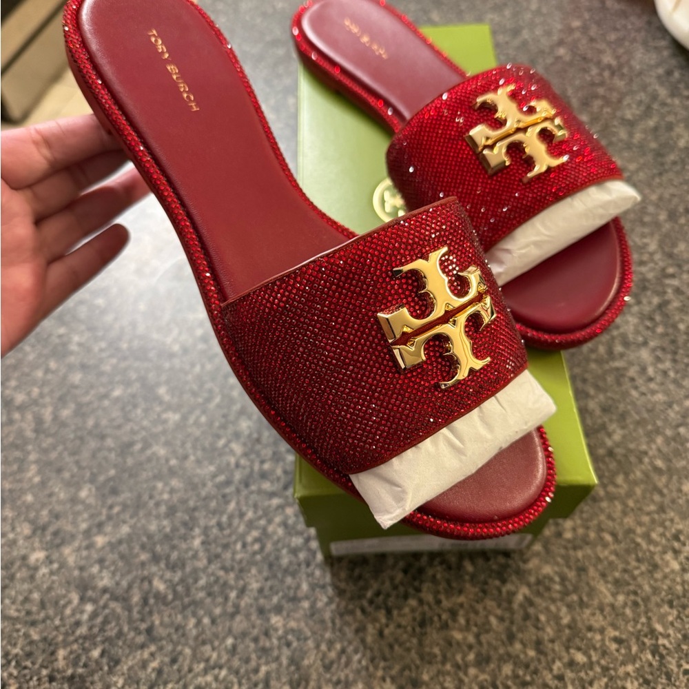 Tory Burch Red Glitter Slide Sandals